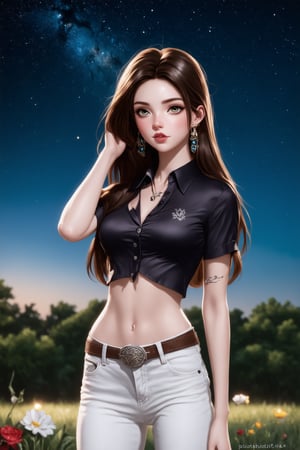 1girl, solo, long hair, breasts, looking at viewer, brown hair, shirt, black hair, brown eyes, jewelry, medium breasts, closed mouth, standing, short sleeves, cowboy shot, earrings, outdoors, sky, collared shirt, pants, lips, black shirt, night, star \(sky\), night sky, starry sky, hand in own hair, realistic, white pants, shirt tucked in, high-waist pants