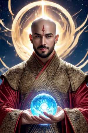 A majestic bald figure with East Asian features wears ornate traditional attire adorned with circular patterns and intricate designs, central forehead marking aglow. Richly decorated robe shines with golden and red motifs, signifying high status or ceremonial significance. Glowing orb in hand emits blue light, focal point amidst futuristic background blending ancient traditions with technological elements, suggesting a harmonious fusion of legacy, power, and enlightenment.