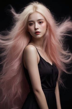 The image showcases a portrait of a person with a stylized appearance. The individual is adorned with a voluminous, flowing mane of hair that resembles a cloud or smoke, blending soft pink and white hues. This mane seems to be an extension of the person's hair, swirling around them in a fluid motion. The attire appears to be a sheer garment, possibly made of chiffon, which complements the ethereal quality of the scene. The background is dark, which accentuates the subject and the smoke-like hair. The overall impression is one of grace and otherworldliness, as if the person is emerging from a dream or a mist.