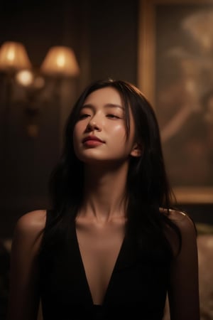 A young Asian woman with porcelain skin and striking black hair stands in a lavish, dimly lit room, bathed in warm, volumetric lighting that casts a gentle glow on her features. Softbox lights positioned above and to either side of her illuminate her face, while a sidelight on her right creates a subtle, golden catchlight in her eye. Her lips curve into a subtle, enigmatic smile as she gazes upward, her eyes closed in rapt contemplation. The room's opulent furnishings and rich textures blend into the background, lost in the shadows, as the focus remains on the subject's ethereal beauty.