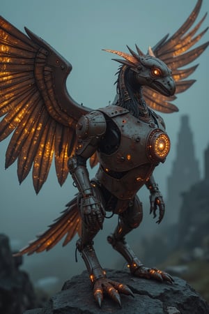 A griffin,made from gears rusted metal, and glowing parts, with its wings spread wide. The griffin's body is an intricate assembly of interlocking gears and corroded metal plates, giving it a rugged, industrial appearance. Its eyes and certain joints feature glowing, luminescent elements that pulse with an eerie light. The wings, constructed from overlapping metal feathers, are extended majestically, each feather adorned with tiny, glowing circuits. The background is a dark, misty landscape with hints of ancient ruins, enhancing the mythical and mechanical nature of this fantastical creature,adding to the steampunk atmosphere.",Mechanical