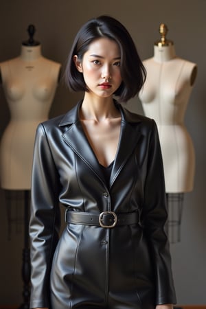 a woman dressed in a pastel color leather jumpsuit stands in front of a backdrop of a mannequin. The woman's outfit is adorned with a black belt with a silver buckle, adding a pop of color to the scene. Her hair is styled in a sleek bob, and her eyes are focused on the viewer. The backdrop is blurred, creating a stark contrast to the black leather outfit.