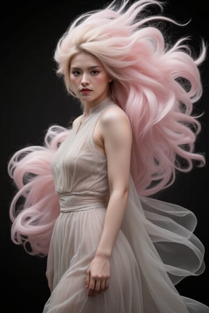 The image showcases a portrait of a person with a stylized appearance. The individual is adorned with a voluminous, flowing mane of hair that resembles a cloud or smoke, blending soft pink and white hues. This mane seems to be an extension of the person's hair, swirling around them in a fluid motion. The attire appears to be a sheer garment, possibly made of chiffon, which complements the ethereal quality of the scene. The background is dark, which accentuates the subject and the smoke-like hair. The overall impression is one of grace and otherworldliness, as if the person is emerging from a dream or a mist.