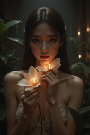 In a dimly lit, atmospheric space, a photorealistic portrait of an Amazonian woman dominates the frame, her enigmatic presence illuminated only by the soft glow emanating from the luminescent orchid she holds. Her piercing gaze, rendered in exquisite detail, meets ours from a 'bug's-eye view', filling the void between us with mystery and allure.