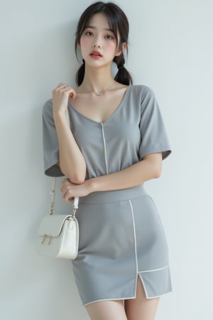 a young Asian woman stands against a stark white backdrop. She is dressed in a short-sleeved gray blouse with a v-neckline and a short skirt. The skirt is adorned with a thin white line, adding a touch of contrast to her outfit. She's wearing a silver ring on her left ring finger and a pair of silver earrings on her right ear. Her left hand is draped over her left shoulder, holding a white purse. Her right hand is positioned in a way that is draped across her body. Her hair is pulled back in a ponytail, framing her face.