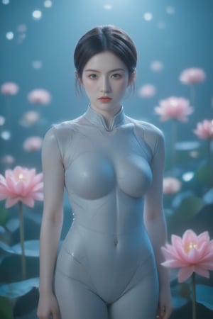 A statuesque figure emerges against a mesmerizing backdrop of pink lotuses, basking in a soft, cool-toned backlight that accentuates vibrant hues and tactile textures. Confidently posed with sharp lines and defined curves, the subject radiates perfection, its high-definition skin texture seemingly within reach. The isometric composition guides the viewer's gaze to trendy fashion elements harmoniously aligned, as if frozen in a moment of artful stillness.,luxury style