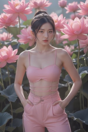 A statuesque figure stands tall amidst a serene backdrop of pink lotuses, bathed in soft, cool-toned light that highlights vibrant hues and tactile textures. Confidently posed with sharp lines and defined curves, the subject exudes perfection, its high-definition skin texture seemingly within reach. The isometric composition guides the viewer's gaze to trendy fashion elements harmoniously aligned, frozen in a moment of artful stillness.