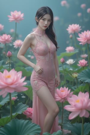 A statuesque figure stands tall amidst a serene backdrop of pink lotuses, bathed in soft, cool-toned light that highlights vibrant hues and tactile textures. Confidently posed with sharp lines and defined curves, the subject exudes perfection, its high-definition skin texture seemingly within reach. The isometric composition guides the viewer's gaze to trendy fashion elements harmoniously aligned, frozen in a moment of artful stillness.