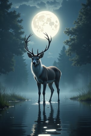 Detailed fine art print of a (Beautiful Deer, fluffy) standing in a moonlit beam, professional sinister concept art, by Art germ and Greg Rutkowski, water, reflection, an intricate, elegant and highly detailed digital painting, concept art , sharp soft focus, illustration, in the style of Simon Stalenhag, Wayne Barlowe and Igor Kierluk, an intricate, elegant and highly detailed digital painting, conceptual art award, colorful sharp soft focus, illustration, in the style of simon stalenhag, wayne barlowe and igor kieryluk.,wonder beauty