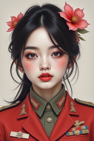 a portrait in soviet union style of a North Korean girl who is a military general in the Juche army,,Digital art