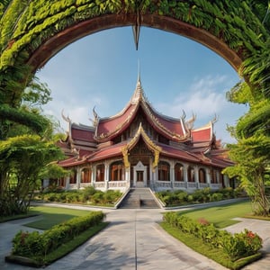 A detailed depiction of an Indochina-style building, showcasing intricate architectural elements, traditional motifs, and ornate carvings. The composition captures the building's grandeur with a wide-angle view, highlighting its intricate rooflines and decorative facades. The lighting is soft and warm, emphasizing the rich textures and colors of the building. The scene is set in a lush tropical environment, with vibrant greenery framing the structure.,redhead