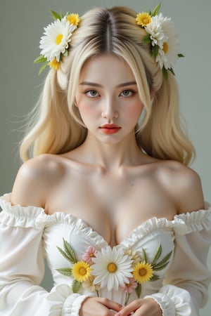 A masterpiece of exquisite beauty: a stunning young woman with long, luscious blonde hair, intricately entwined with vibrant flowers and leaves in shades of white and yellow. She wears a delicate white top adorned with ruffled detailing and a charming embroidered pastel floral chest motif. Billowy sleeves frame her shoulders before tapering to wrists, where her hands are clasped together in contemplation. The overall effect is one of breathtaking elegance and attention to detail.,wonder beauty,Enhanced all,luxury style