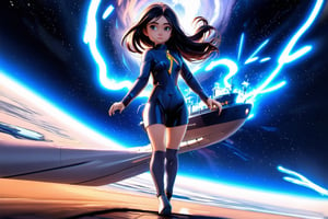 A super-powered girl, her long hair whipping back like a banner of speed, pilots a radiant light ship slicing through a star-studded expanse. Neon accents on the vessel's sleek hull glow brightly against the inky blackness of space. The composition's dynamic energy captures the thrill of flight, with soft ambient lighting casting a heroic glow on the girl's focused features and the ship's intricate, angular design.,Cartoon