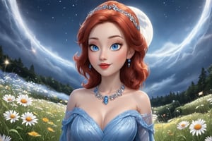 The image is a digital artwork that combines elements of fantasy and nature. The central figure is a woman with a fair complexion, depicted in a stylized manner with exaggerated features such as large blue eyes and full lips. She is dressed in an elegant blue gown adorned with what appears to be a sparkling necklace. The setting is a night sky with a large, detailed moon and stars, suggesting a magical or otherworldly atmosphere. In the foreground, there is a field of wildflowers, adding a sense of tranquility and natural beauty to the scene. The overall composition creates a sense of wonder and enchantment.,Supreme Realistic,Asian Best Face Ever,Enhanced Realistic,Indochina,redhead,pixar style,Cartoon