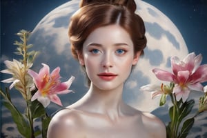 A captivating Vietnamese redhead with porcelain-perfect skin and chic bun hair radiates warmth in a medium shot against a serene moonlit backdrop featuring an exquisite floral pattern in two harmonious colors. Soft, flattering lighting illuminates her face, accentuating features. The composition guides the viewer's eye through flower arrangements and subtle facial expressions, reminiscent of Behance's finest works.