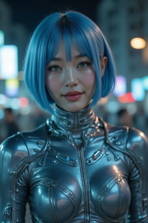 A futuristic close-up of a woman in a sleek suit, her blue hair styled in a chic bob. She's a cyborg with silver metallic plating on her arms and torso, glistening under the dim blue lighting. Her piercing green eyes gleam as she gazes directly at the camera, her facial expression a perfect blend of confidence and curiosity. The framing is tight, focusing on her striking features amidst the intricate cybernetic enhancements. In the background, a cityscape's neon lights hum with energy, reflecting off the metallic surfaces of her suit.