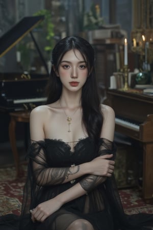 "A mysterious North African woman with kind blue eyes sits in a dimly lit Victorian-era study. Intricate black tattoos cover her arms, and her long, dark hair cascades down her back in soft waves, contrasting with her porcelain skin, which is illuminated by an ethereal glow in the somber lighting. She wears an intricate dress, and her neck adorns a delicate gold locket dangling from a chain, hinting at hidden secrets. The room is filled with antique books, a grand piano, and flickering candles that cast dramatic shadows on the mahogany walls. The intricate patterns of a Persian rug enhance the captivating scene, and the rich atmosphere evokes intrigue and wonder. Her expression, a blend of melancholy and determination, is directed towards a distant point beyond the frame. From a 'bug's-eye view' perspective, the viewer is immersed in the intricate details of her surroundings, drawing them into the intimate and enigmatic world of this enigmatic woman.",Enhanced all