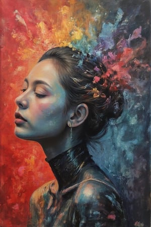 A woman wearing  gorgeous colors, the woman's hair breaks into small pieces and turns into powder as it moves away from her head, the abstract red background and fantastic blue gradient add to the mysteriousness, the heavy and unstructured thick brush strokes beautifully express the portrait of a woman,Enhanced all,cyborg,Teenager,High school