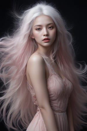 The image showcases a portrait of a person with a stylized appearance. The individual is adorned with a voluminous, flowing mane of hair that resembles a cloud or smoke, blending soft pink and white hues. This mane seems to be an extension of the person's hair, swirling around them in a fluid motion. The attire appears to be a sheer garment, possibly made of chiffon, which complements the ethereal quality of the scene. The background is dark, which accentuates the subject and the smoke-like hair. The overall impression is one of grace and otherworldliness, as if the person is emerging from a dream or a mist.