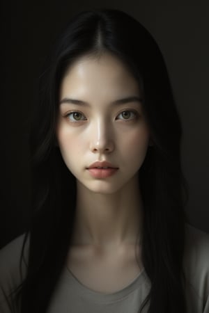 A close-up shot of the young woman's face, her piercing green eyes gazing directly into the camera lens. She sits calmly in a dimly lit studio, her raven-black hair falling in loose waves down her back. A single spotlight casts a warm glow on her porcelain skin, accentuating the subtle contours of her features. The soft focus and dramatic lighting create an intimate atmosphere, drawing the viewer's attention to the subject's enigmatic expression.,t-shirt,Enhanced all