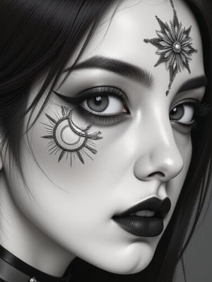 (Black and white, intricate details, close-up of a woman's face with an intricate design, 3DCGI anime fantasy artwork, necro, detailed patterned skin, abstract fragments, impressive eyes, mixed media, 3D rendering Silver painting, symmetrical beauty, ambient occlusion rendering, psytrance), Detailed Textures, high quality, high resolution, high Accuracy, realism, color correction, Proper lighting settings, harmonious composition, Behance works,ct-niji2,xxmix_girl,goth person