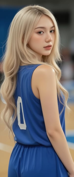 ((Generate hyper realistic full body portrait of  captivating scene featuring a stunning 20 years old girl,)) ((semi side view,)) with medium long blonde hair, flowing curls, little smile, donning a blue basketball  jersey, on a Olympic basketball court,  piercing, blue eyes, photography style , Extremely Realistic,  ,photo r3al,action shot