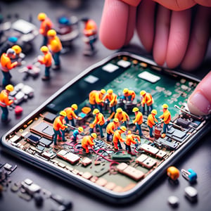 Create an detail image in which there is a group of miniature people are repairing a smartphone's internals,  with a tilt-shift effect to enhance realism, Miniature world, full detail.,Wonder of Art and Beauty