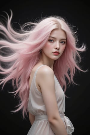 The image showcases a portrait of a person with a stylized appearance. The individual is adorned with a voluminous, flowing mane of hair that resembles a cloud or smoke, blending soft pink and white hues. This mane seems to be an extension of the person's hair, swirling around them in a fluid motion. The attire appears to be a sheer garment, possibly made of chiffon, which complements the ethereal quality of the scene. The background is dark, which accentuates the subject and the smoke-like hair. The overall impression is one of grace and otherworldliness, as if the person is emerging from a dream or a mist.