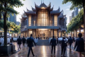 A 3D render of a modern public building, inspired by Vietnam's historical architecture.The composition is centered on the building's facade, showcasing its symmetry and geometric patterns. The lighting is bright and clear, highlighting the building's polished surfaces and glass panels. The setting is a bustling urban plaza, with people moving around the structure, capturing a sense of modernity and cultural heritage.,Supreme