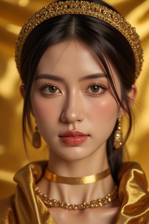 A portrait of a Byzantine style girl with golden background. (masterpiece, top quality, best quality, official art, beautiful and aesthetic:1.2), (1girl:1.4), portrait, extreme detailed, highest detailed, simple background, 16k, high resolution, perfect dynamic composition, bokeh, (sharp focus:1.2), super wide angle, high angle, high color contrast, medium shot, depth of field, blurry background,,itacstl