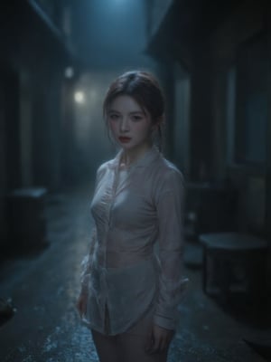 A young girl stands eerily still in a dimly lit, abandoned alleyway, her pale skin illuminated only by the faint glow of nearby streetlights. Shadows dance across her face, accentuating her porcelain features and eerie expression.