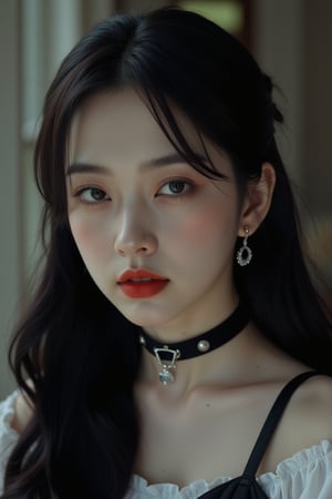 masterpiece, best quality, photorealistic, high resolution, 8K raw photo, Half-body shot, white skin, Asian Girl, elegant, thoughtful, reddish yellow lips, gothic, emo, dark, rock clothing, ((loose hair, black with white color)),Enhanced all,wonder beauty