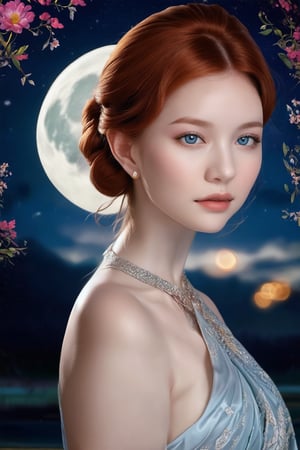 A captivating Vietnamese redhead with porcelain-perfect skin and chic bun hair radiates warmth in a medium shot against a serene moonlit backdrop featuring an exquisite floral pattern in two harmonious colors. Soft, flattering lighting illuminates her face, accentuating features. The composition guides the viewer's eye through flower arrangements and subtle facial expressions, reminiscent of Behance's finest works.