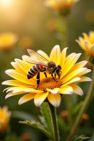 A majestic honeybee perches delicately on a vibrant yellow and white flower, its translucent wings glistening in the warm sunlight that casts a gentle glow on the petals. The bee's furry body blends seamlessly with the surrounding foliage as it collects nectar from the flower's center. The 8K resolution captures every intricate detail of the natural scene, from the delicate pollen grains to the soft focus of the blurred background.