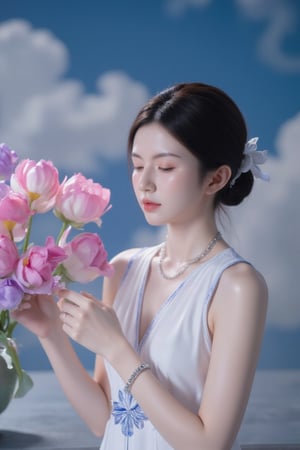 a medium-sized portrait of a young Asian woman, dressed in a white sleeveless dress, adorned with blue accents. Her hair is styled in a low bun, with a white ribbon tied around her neck. She is adorned with a silver necklace and a bracelet, adding a touch of charm to her dress. Her eyes are closed, as if she is looking down at something. The backdrop is a deep blue, with wavy white clouds in the sky, creating a striking contrast with the vibrant colors of the flowers. The flowers are arranged in a way that creates a sense of movement, adding depth to the composition.,pink art