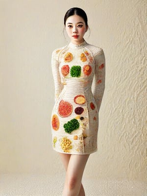 The image is an artistic representation of a female figure wearing a unique outfit. The outfit is a pencil dress that are designed to resemble a variety of the  Vietnamese white noodles, vegetables, meat, and sauces, arranged in a pattern that covers the entire garment. The figure is standing against a plain background with a textured appearance. Notable features include the detailed depiction of the food items on the clothing and the signature of the artist at the bottom right corner. The overall impression is one of creativity and fashion, blending the concept of clothing with culinary art.,Enhanced Realistic,Pho