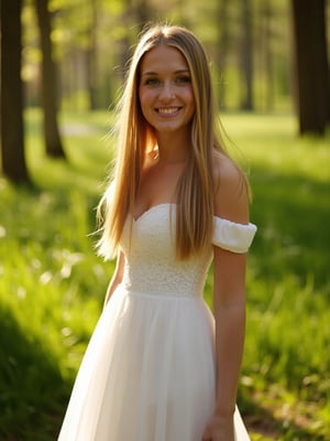 A regal princess standing tall in a lush, green forest, sunlight filtering through the trees above, casting a warm glow on her porcelain skin. Her long, golden hair flows behind her like a river of sunset hues, as she wears a flowing white gown with delicate lace trim. The camera frames her from the waist up, capturing her serene expression and gentle smile.