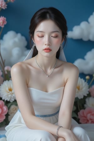 A serene young Asian woman, adorned in a flowing white sleeveless dress with delicate blue accents, sits poised amidst a whimsical floral arrangement, its petals unfolding like tender brushstrokes on a canvas of soft focus. Her hair is styled in a neat low bun, secured by a slender white ribbon that wraps delicately around her neck like a whispered secret. A silver necklace and bracelet glint softly, imbuing the scene with subtle luminescence. As she sits elegantly, eyes closed in quiet contemplation, vibrant flowers seem to dance across wavy white clouds drifting lazily against the deep blue backdrop, their gentle movements echoing the soft rhythm of her peaceful reverie.