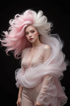 The image showcases a portrait of a person with a stylized appearance. The individual is adorned with a voluminous, flowing mane of hair that resembles a cloud or smoke, blending soft pink and white hues. This mane seems to be an extension of the person's hair, swirling around them in a fluid motion. The attire appears to be a sheer garment, possibly made of chiffon, which complements the ethereal quality of the scene. The background is dark, which accentuates the subject and the smoke-like hair. The overall impression is one of grace and otherworldliness, as if the person is emerging from a dream or a mist.