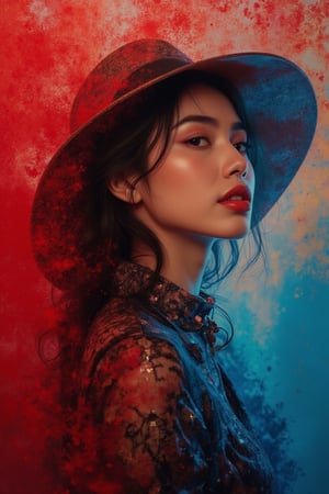 A luxuriously styled portrait of a woman wearing a sportive hat amidst an abstract red background with a fantastic blue gradient. The subject's hair flows away from her head in wispy strands, transforming into powder-like particles as it moves. Thick brushstrokes add texture and dimension to the heavy, unstructured strokes, capturing the essence of this enigmatic woman.,luxury style