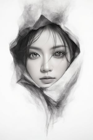 A mystical T-shirt design. On a pure white background, a delicate Chinese ink drawing of a little girl's face takes center stage. Her eyes are the focal point, with thick, dark pencil lines forming the shape of her gaze. The pupil appears to be melting, like wax in a furnace, radiating an otherworldly aura. The overall design embodies the essence of LegendDarkFantasy, evoking a sense of enchantment and mystery.