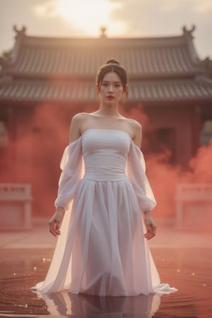 A Chinese Taoist woman wearing white Taoist robe, off shoulders, bar shoulders, single bun,cinematic light, perfect anatomy, (smoke:1.4), stand in water with front facing us, a drift of red smoke swirls around here, background is (Taoist temple:1.4), (swirls smoke:1.4), sharp focus, volumetric fog, 8k UHD, DSLR, high quality,hot body,bot body asian girl