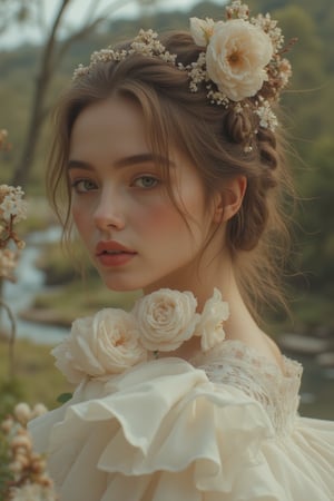 A serene and delicate portrait of an individual's visage, set amidst a picturesque spring landscape. The subject's ultra-detailed features - eyes, mouth, hands, and clothes - are rendered with utmost precision. Amidst the lush forest and meandering rivers, their gentle expression radiates harmony. In the background, symmetrical intricate details and sharpened scenery converge to create an immersive atmosphere, reminiscent of a best-quality impressionist masterpiece.,Enhanced all,luxury style,babe