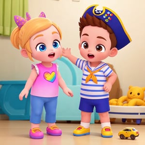 best quality, masterpiece, 1boy brother, wear pirates hat, is standing with his sister, playing toys, full hd, bebefinn style,Bebefinn Style