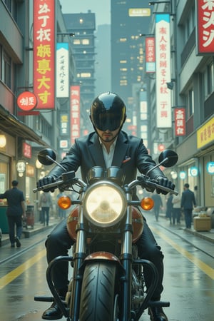 Surrealism, Ukiyo-e art style, a man wearing helmet, riding motorcycle in the city of neotokyo, akira anime style, 80's anime style, retrofuture