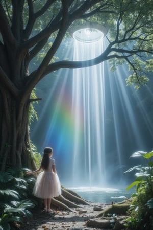 Create an enchanting scene featuring a young girl with shimmering hair standing in awe before a magnificent ancient tree, its branches stretching towards a mesmerizing vortex above. From this vortex, a radiant waterfall cascades down, enveloping both the tree and girl in a luminous mist that refracts sunlight into vibrant rainbows. This whimsical tableau should be captured from a low-angle perspective, showcasing the girl's wonder as she gazes up at the ethereal spectacle with one hand resting on the tree trunk, while her other hand reaches upwards to touch the luminescent waterfall, symbolizing a connection between nature and magic in this fantastical landscape.