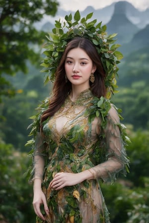 The image content is of a person, and the task is to annotate it by describing the objects and features present. The main object is the woman who is the central figure in the photograph. She is wearing a dress made of green leaves, which is a notable feature indicating either a costume or a thematic choice for the photo shoot. The background is composed of trees and foliage, suggesting that the setting is an outdoor environment, likely a forest or a wooded area. The lighting appears natural, possibly filtered through the canopy above, which adds to the serene and naturalistic feel of the image. There are no other discernible objects or individuals in the immediate vicinity, placing the focus solely on the woman and her interaction with the environment.