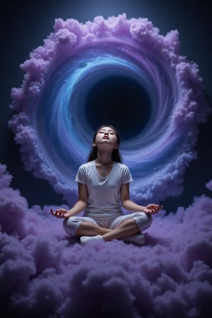 A surreal still life: A young girl sits cross-legged on a dark, starry background, her eyes closed in concentration. She's surrounded by swirling clouds of purple and blue gases, echoing the cosmic vortex of a black hole. Her hands rest palms-upward, as if channeling the celestial forces. The lighting is dim, with faint streaks of light tracing the curves of the galactic dust.,wonder beauty,Art