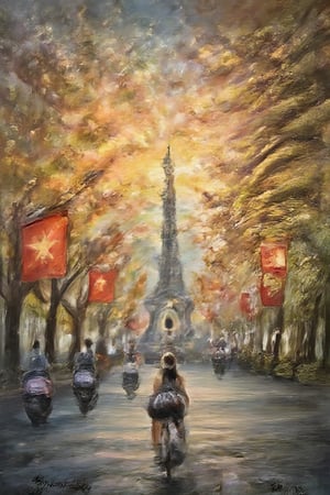 A majestic masterpiece depicting the vibrant streets of Hanoi on National Independence Day. The warm glow of lanterns and twinkling lights illuminate the scene, as crimson flags wave proudly in the foreground. In the distance, the imposing One Pillar Pagoda stands tall, its ancient stones bathed in a soft, golden light. The air is filled with the sounds of laughter and celebration, as locals and tourists alike come together to commemorate this momentous occasion.,Enhanced all,luxury style