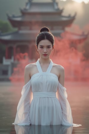 A Chinese Taoist woman wearing white Taoist robe, off shoulders, bar shoulders, single bun,cinematic light, perfect anatomy, (smoke:1.4), stand in water with front facing us, a drift of red smoke swirls around here, background is (Taoist temple:1.4), (swirls smoke:1.4), sharp focus, volumetric fog, 8k UHD, DSLR, high quality,hot body